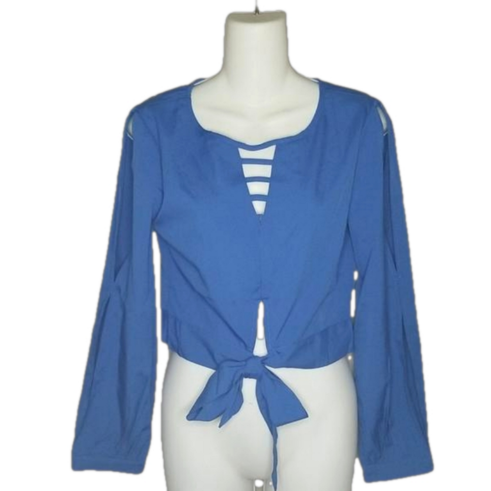 CBR - Exclusive Light Blue Long Slit Sleeve V Neck Front Tie Shirt NWT |…